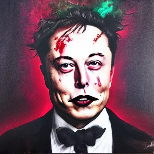 Image similar to elon musk as the grim-hatter with evil mustache grinning, cinematic, dark oil paint, realistic flavor, decaying rich colors!, instagram photo