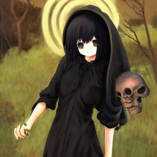 Image similar to archetype of death ((the grim reaper)) is a cute neko girl, anime waifu, posing nicely for a picture, shy, bashful, sweet colors, dark black robe, blush, by Ilya Repin and Maurice Sendak, artstation
