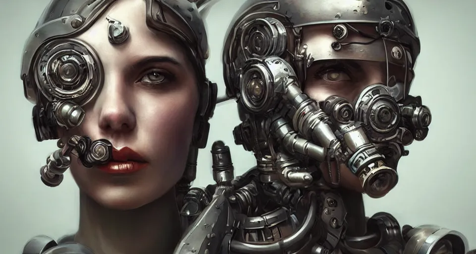 Image similar to “ a extremely detailed stunning portraits of dieselpunk cyborg by allen william on artstation ”