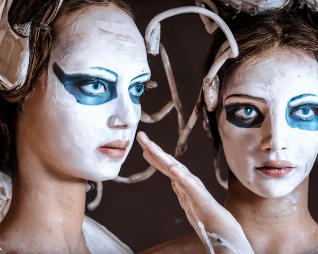 Image similar to a film still of two synthetic female human oracles wrapped in white cloth, beautiful, tribal facepaint, neotokyo, cinematic lighting, 3 5 mm, high resolution, 4 k