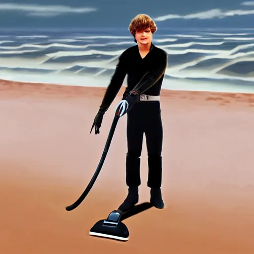 Image similar to anakin skywalker vacuuming the beach for sand, 4k, photorealistic,