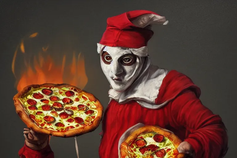 Image similar to a highly detailed portrait of pulcinella!!! from naples with a pizza!! and burning volcano, an ultrafine detailed painting by achille superbi, dramatic lighting, trending on deviantart, whimsical, lowbrow, smooth, sharp focus, octane, masterpiece