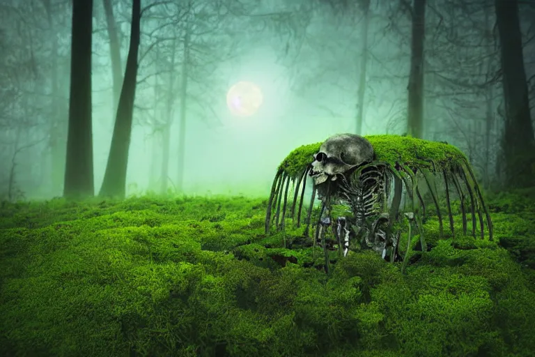 Image similar to a burning human skeleton behind computer overgrown with moss, in foggy forest, at night with moon light, dark atmosphere, fantasy, digital art