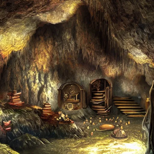 Image similar to a fantastical cave, full of treasure