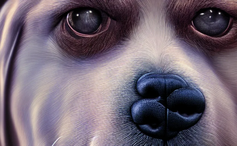 Image similar to ultra detailed close up facial portrait of a dog, extremely detailed, mystical colors, rim light, beautiful lighting, 8 k, stunning scene, raytracing, octane, trending on artstation
