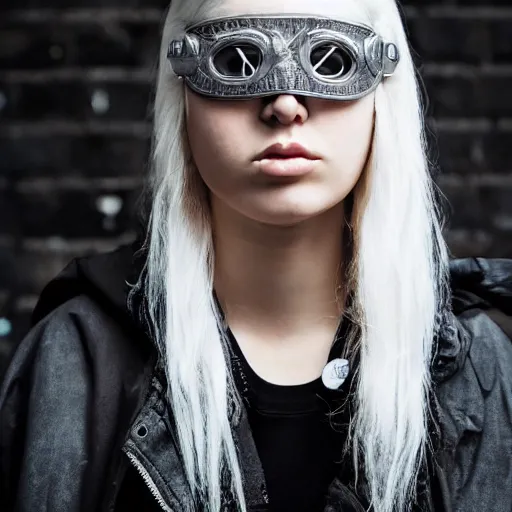 Image similar to very cool girl, white hair girl with mask, streetwear, techwear, cyberpunk style outfit, full body nose piercing, detailed portrait, intricate composition