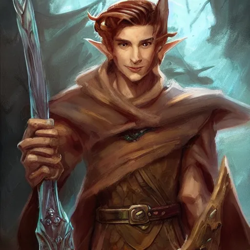 Prompt: hansome hal - elf, wielding a magic staff, well dressed, notes of orange, brown hair, beautiful, dnd character art portrait, matte fantasy painting, deviantart artstation, by jason felix by steve argyle by tyler jacobson by peter mohrbacher by paul hedley, cinema