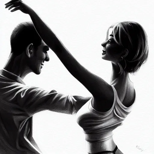 Image similar to semi realistic portrait Salsa Dancing by Stanley Artgerm Lau, strong rim light, Gesture draw, Salsa Social Dance, couple, Salsa tricks,Noir dark background, WLOP, Rossdraws, Gesture draw, James Jean, Andrei Riabovitchev, Marc Simonetti, and Sakimichan, trending on artstation