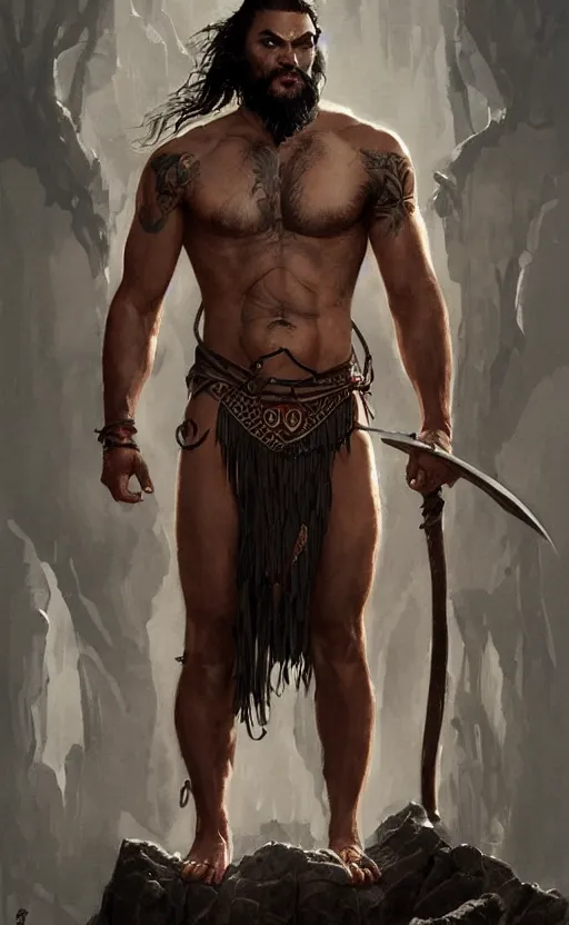 Prompt: jason momoa, loincloth, symmetrical, front view, full body shot, digital painting, artstation, concept art, sharp focus, illustration, orientalism, art by aleksi briclot and greg rutkowski and raphael lacoste