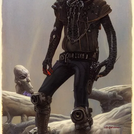 Prompt: Portrait of a sci-fi outlaw, by Gerald Brom