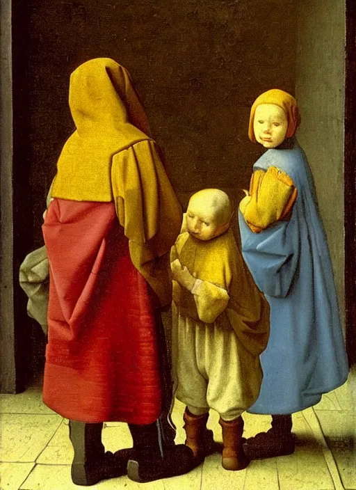 Image similar to Two little brothers meet a young man, medieval painting by Jan van Eyck, Johannes Vermeer, Florence