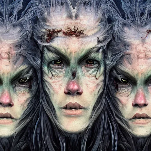 Image similar to an evil three headed sea hag, seaweed hair, extremely detailed oil portrait, horror, monster, d & d character art, digital art, oil painting, unreal 5 render, digital art, octane render, beautiful composition, trending on artstation, award winning photograph, masterpiece