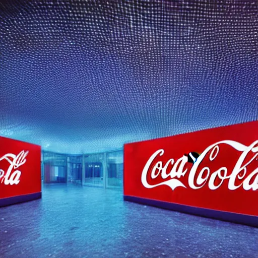 Image similar to closeup portrait of an ethereal coca cola factory made of blue light, divine, cyberspace, mysterious, dark high-contrast concept art