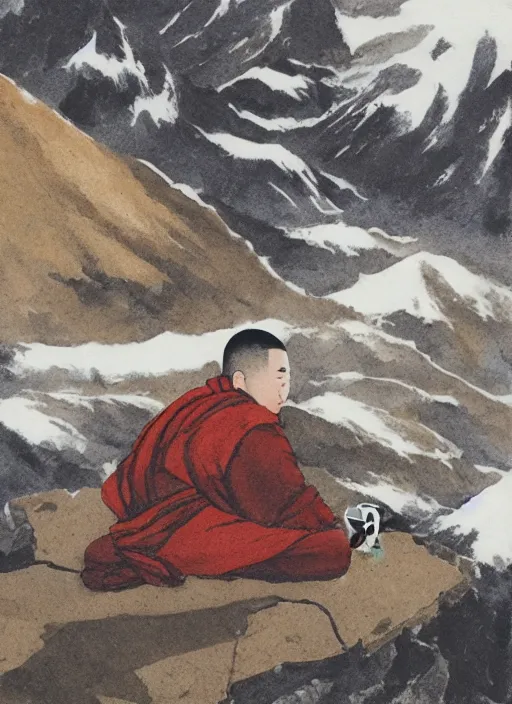 Image similar to Mountains, tea puer, Cat monk, winters, thanka