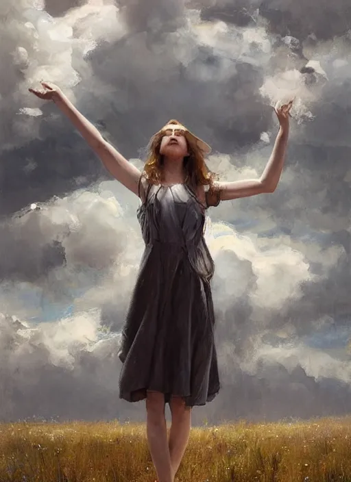 Image similar to portrait of girl dressed in white clothes , fantasy character portrait, decollete, lying dynamic pose, above view, sunny day, thunder clouds in the sky, artwork by Jeremy Lipkin and Giuseppe Dangelico Pino and Michael Garmash and rob rey, levitation, industrial rusty pipes, very coherent symmetrical artwork, perfect face, simple form, brutal shapes