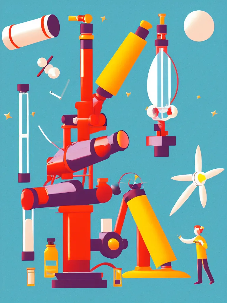 Image similar to editorial illustration scientific lab test tube telescope microscope spaceship, colorful modern, mads berg