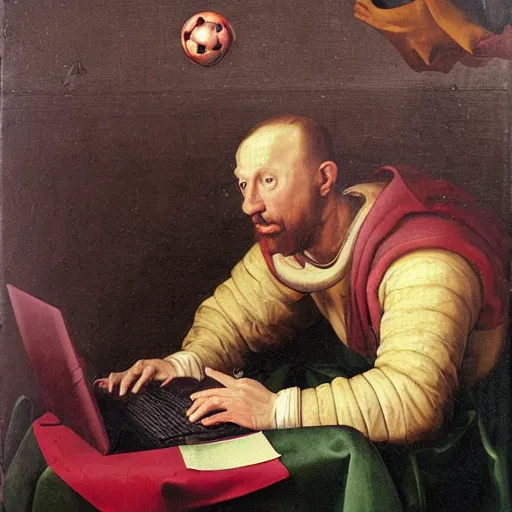 Prompt: Renaissance oil portrait of a man playing warzone on a computer, a soccer ball falling on his head, high-quality realistic oil painting with detailed strokes, robed Renaissance scholar,