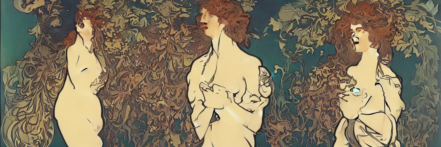 Image similar to The only colab between alphonse mucha and Rene Magritte