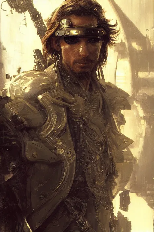 Image similar to a futuristic cyberpunk pirate with a cybernetic eyepatch, upper body, highly detailed, intricate, sharp details, dystopian mood, sci-fi character portrait by gaston bussiere, craig mullins