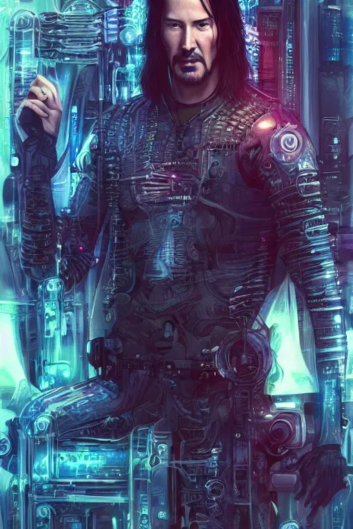 Prompt: Keanu Reeves in Cyberpunk setting, cute, fantasy, intricate, elegant, highly detailed, digital painting, 4k, HDR, concept art, smooth, sharp focus, illustration, art by artgerm and H R Giger and alphonse mucha