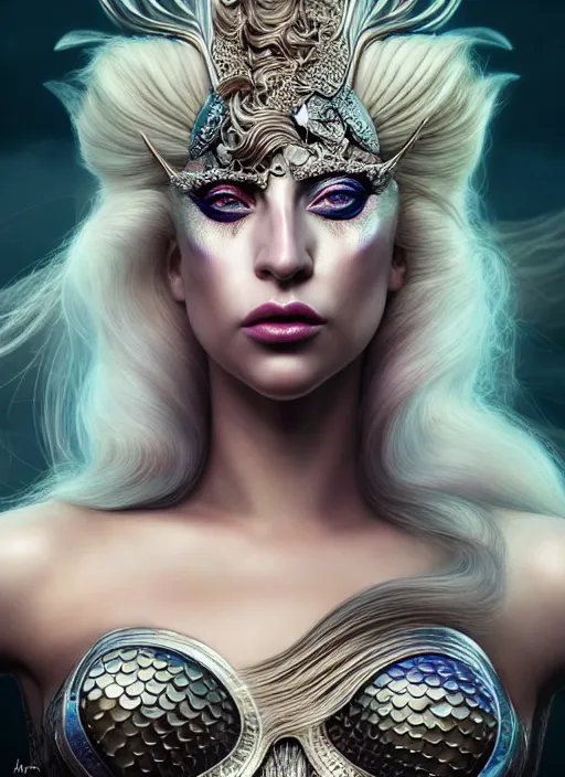 Image similar to portrait of mermaid warrior, intricate, lady gaga, sharp focus, octane render, detailed, beautiful, unreal engine, symmetrical!!, loreal, maybelline, sephora, loreal, artstation, art by karol bak, art by artgerm, rossdraws, makeup by pat mcgrath, cinematic, concept art, filmic, vsco