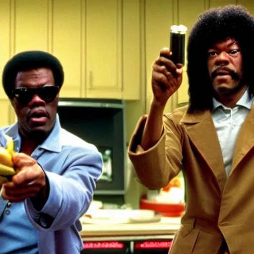 Image similar to samuel lee jackson as jules winnfield pointing a banana as a weapon, pulp fiction, 8 k