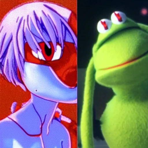 Image similar to Stills from the anime Neon Genesis Evangelion of Kermit the Frog dressed as Rei Ayanami