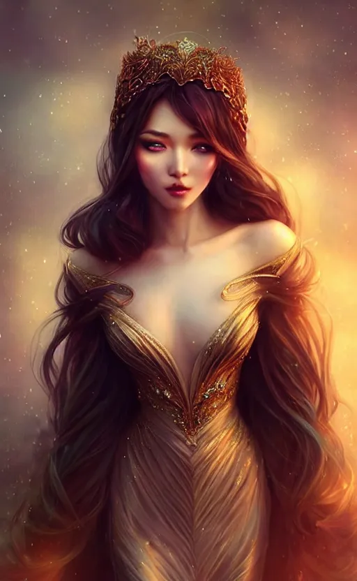 Image similar to a fantasy photo of gorgeous russian female, evening gown, bokeh, medium shot, beautiful face, professionally retouched, soft lighting, realistic, smooth face, perfect eyes, sharp focus, 8 k realistic high definition, insanely detailed, intricate, elegant, art by artgerm and kyoung hwan kim