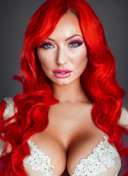 Image similar to portrait of lindsey pelas wearing kebaya with red hair, by charlotte grimm, natural light, detailed face, canon eos c 3 0 0, ƒ 1. 8, 3 5 mm, 8 k, medium - format print