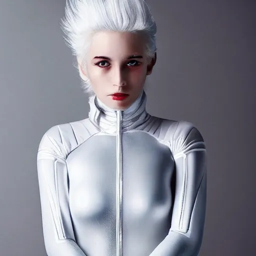 Image similar to beautiful white haired woman dressed in see through space suit in the style of zezhou chen highly detailed, smooth, sharp focus