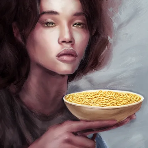 Prompt: god holding a bowl of cereal, digital art, finely detailed, beautiful face, feminine face, award winning art