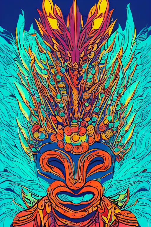 Image similar to animal mask totem roots flower tribal feather gemstone plant wood rock shaman vodoo video game vector cutout illustration vivid multicolor borderlands comics by josan gonzales and dan mumford radiating a glowing aura