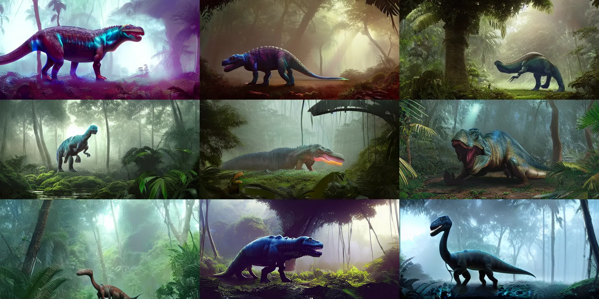 Prompt: a hologram of a dinosaur in the jungle with fog, fantasy concept art by greg rutkowski and beeple