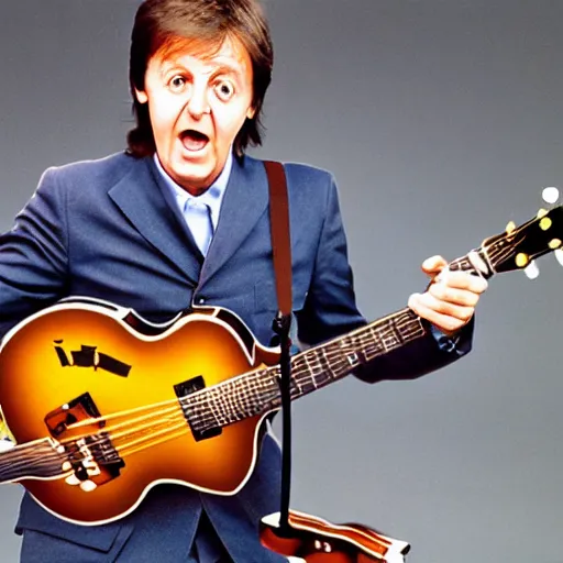 Image similar to Paul McCartney playing an insect beetle guitar, 8k, high definition, highly detailed, photo-realistic