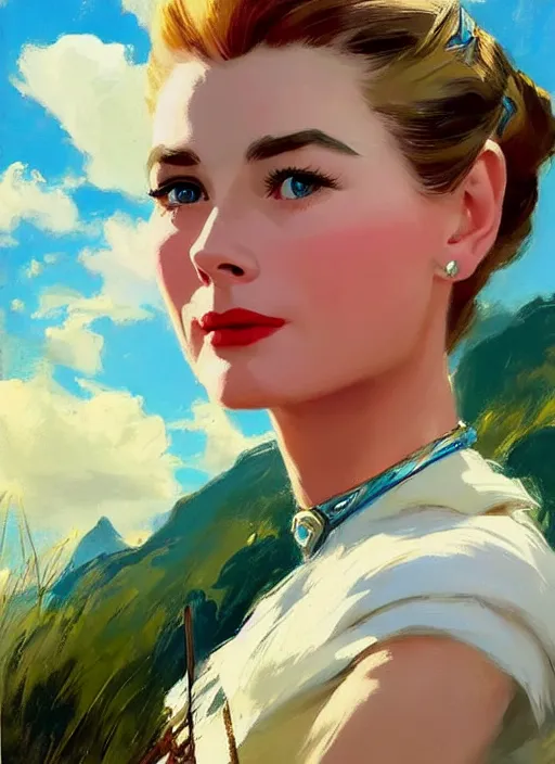 Image similar to A combination of Grace Kelly’s and Audrey Hepburn's appearance as Aloy from Horizon Zero Dawn, countryside, calm, fantasy character portrait, dynamic pose, above view, sunny day, thunder clouds in the sky, artwork by Jeremy Lipkin and Giuseppe Dangelico Pino and Michael Garmash and Rob Rey and Greg Manchess, very coherent asymmetrical artwork, sharp edges, perfect face, simple form, 100mm