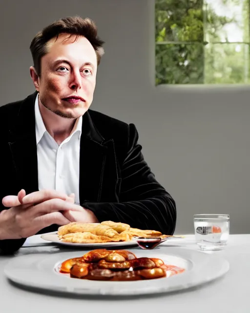 Image similar to a portrait of elon musk sitting at the dining table with a plate containing gulab jamun in front of him, highly detailed, trending on artstation, bokeh, 9 0 mm, f / 1. 4