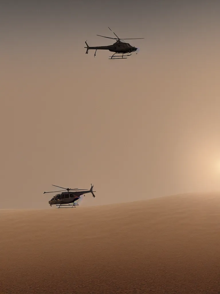 Prompt: a helicopter flying over a sand hills covered in dust, desert environment, extremely detailed matte painting by jeremy geddes, close up, featured on cg society, video art, reimagined by industrial light and magic, anamorphic lens flare, # vfxfriday