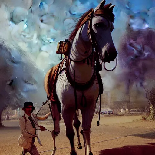 Prompt: a man carries a horse, hyperrealism, no blur, 4 k resolution, ultra detailed, style of ron cobb, adolf hiremy - hirschl, syd mead, ismail inceoglu, rene margitte