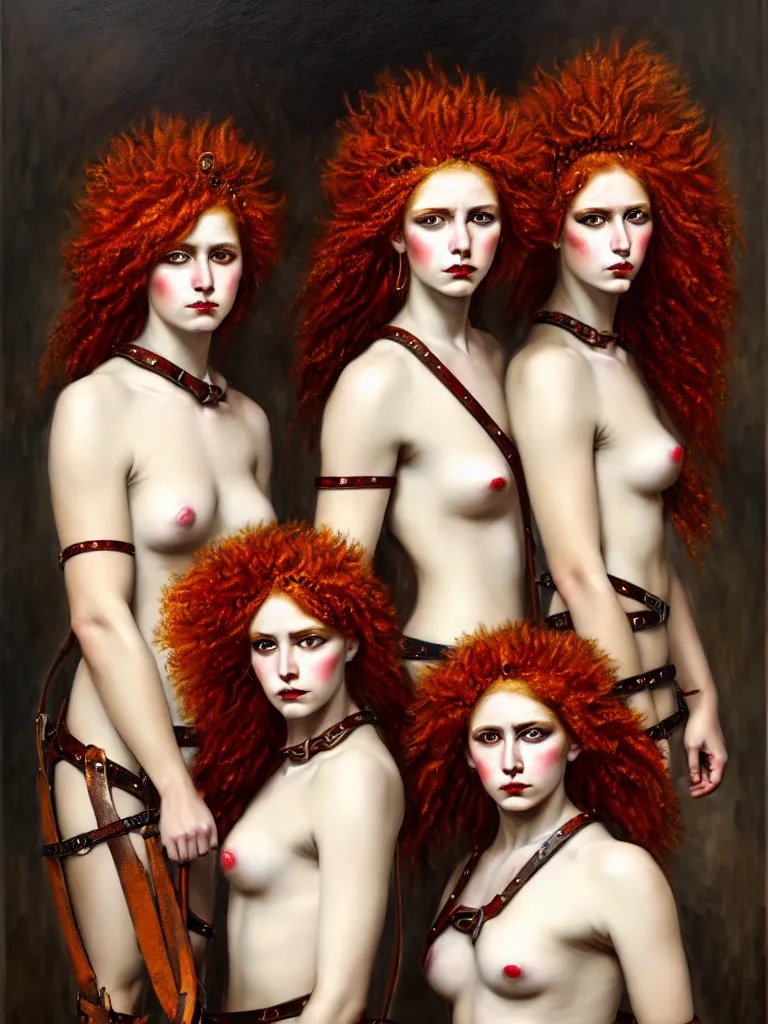 Image similar to oil painting of two fierce looking beautiful young women warriors with curly red hair and symmetrical white makeup standing side by side, wrapped in leather straps, wearing an intricate head dress made from bones and leather, painted by turner, intricate linework, radiant light, detailed and intricate environment