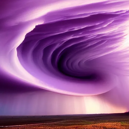 Image similar to amazing photo of purple clouds in the shape of a tornado by marc adamus, digital art, beautiful dramatic lighting