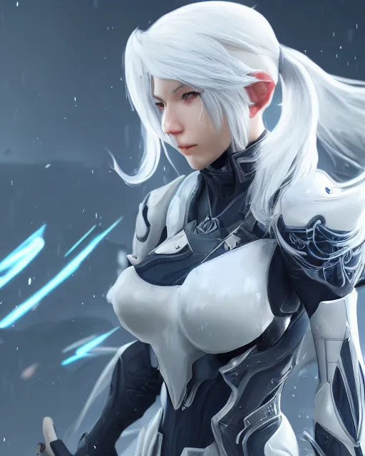 Image similar to perfect white haired girl, warframe armor, beautiful, dreamy, half asian, pretty face, blue eyes, detailed, windy weather, scifi platform, laboratory, experiment, 4 k, ultra realistic, epic lighting, cinematic, high detail, masterpiece, by akihiko yoshida, kazuya takahashi