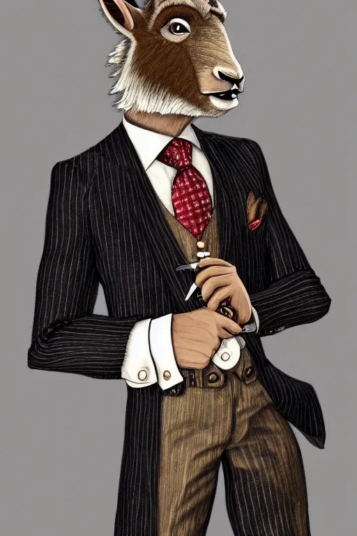 Image similar to beautiful portrait commission of a male furry anthro mountain goat wearing a pinstripe suit and waistcoat and smoking a cigar, award-winning, detailed, trending on artstation