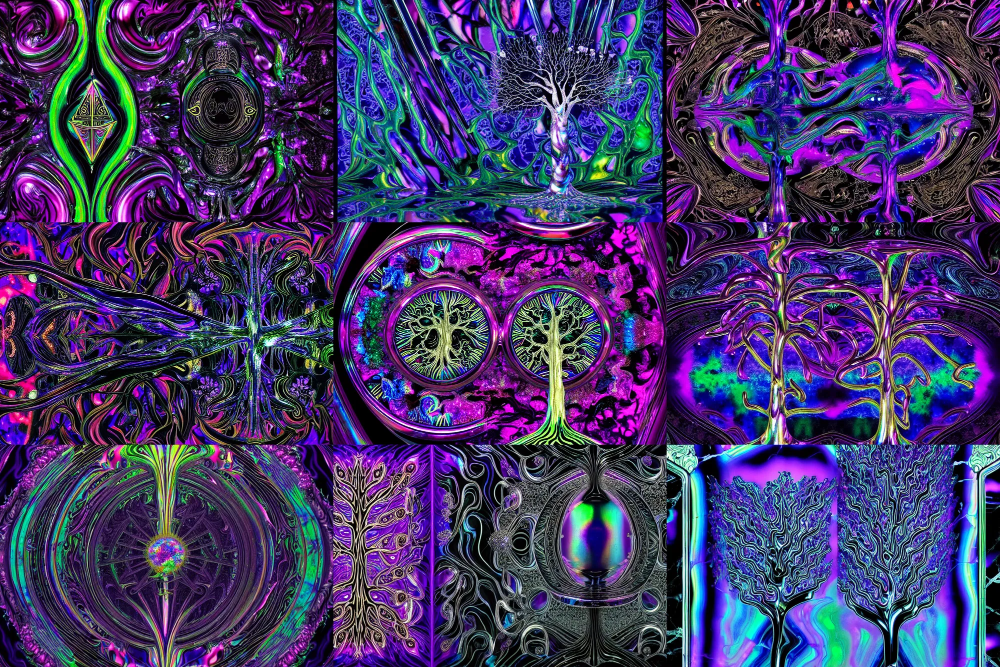 Prompt: tree dripping black iridescent liquid by alex grey, flowers made of chrome, vaporwave, crisp quality and light reflections, inside a room with marble columns, transcendent, vibrant color, clean linework, finely detailed, tarot card with ornate border frame, 4 k, trending on artstation, volumetric lighting, octane render