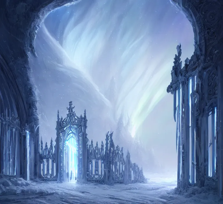 Image similar to a very detailed concept art of intricate and well designed white gates to aurora borealis infused with magic by greg rutkowski, dynamic lighting trending on artstation, symmetry, digital art, 4 k, hyper realistic, octane render, sharp focus