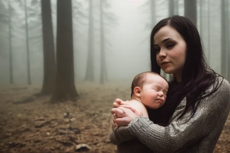 Image similar to a cinematic photo of a young woman with dark hair holds a baby in a dark, foggy forest, closeup, masterpiece