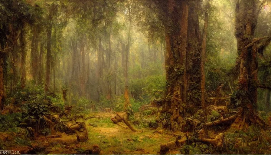 Prompt: forest filled with ruins, heavy rain, in the style of Gaston Bussière