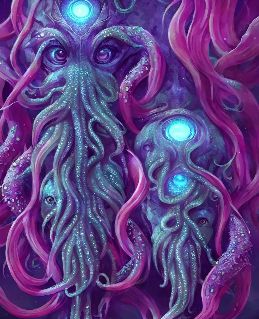 Image similar to cthulhu goddess close - up portrait, squid coming from woman eyes, phoenix jellyfish, orchid, betta fish, bioluminiscent, intricate artwork by tooth wu and wlop and beeple. octane render, trending on artstation, greg rutkowski very coherent symmetrical artwork. cinematic, hyper realism, high detail, octane render, 8 k