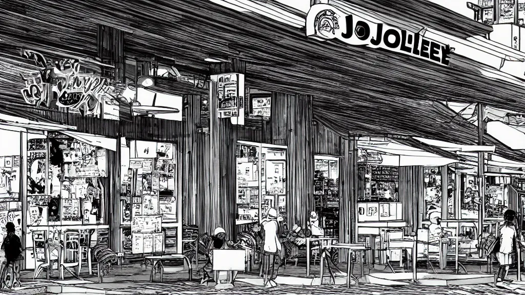 Prompt: The exterior of a Jollibee, manga, b&w, by Tsutomu Nihei