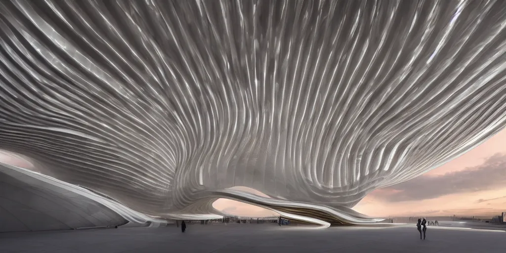 Image similar to extremely detailed awe symmetrical ornate stunning beautiful futuristic smooth curvilinear elegant museum interior by zaha hadid, translucent gills, stunning volumetric light, stainless steel, concrete, translucent material, beautiful sunset, hyper real, 8 k, colorful, 3 d cinematic volumetric light, atmospheric light