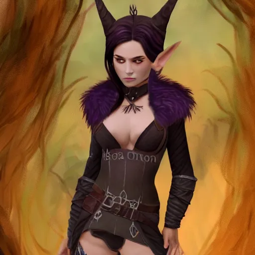 Image similar to anya charlota as a medieval fantasy tolkien elf, dark purplish hair tucked behind ears, wearing leather with a fur lined collar, wide, muscular build, scar across the nose, one black, scaled arm, cinematic, character art, digital art, realistic. 8 k, detailed.